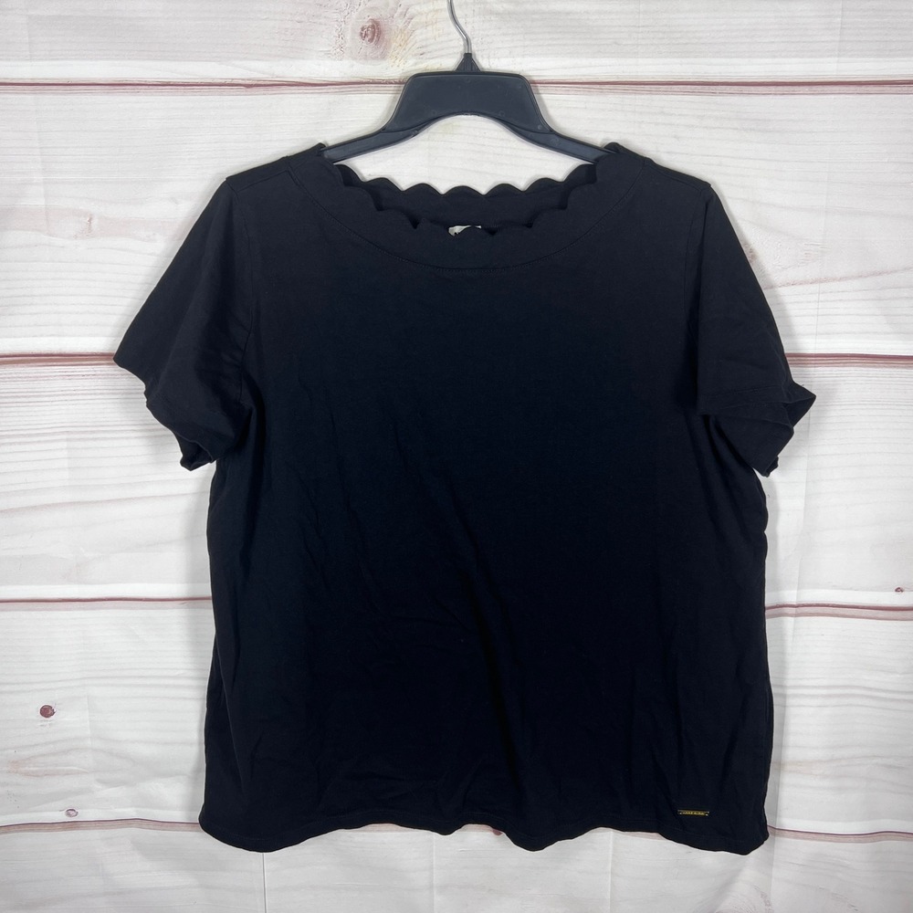 Anne Klein T-Shirt Women 2X Black Scalloped Neck Short Sleeve Knit Top Solid